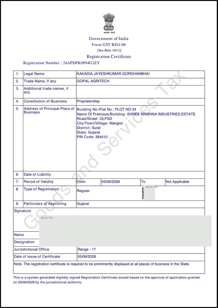 GST registration certificate (Form GST REG-06) for Gopal Agritech, signature and QR code redacted