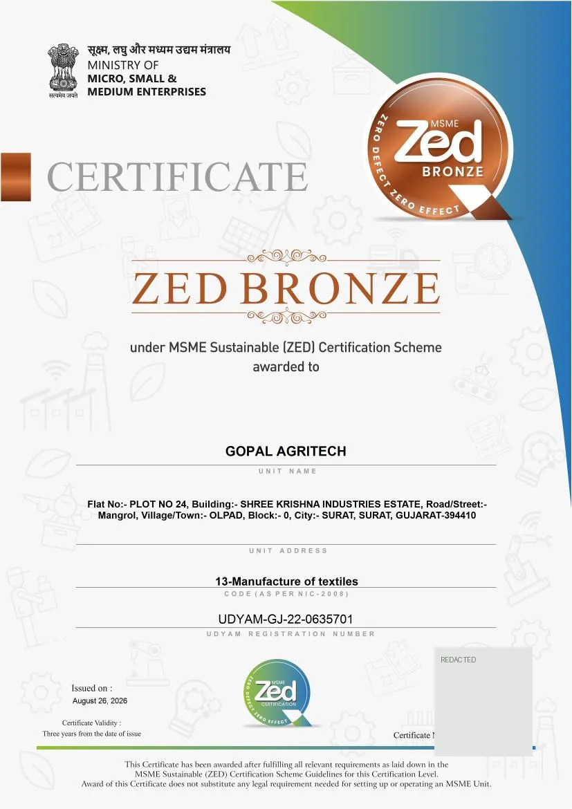 MSME ZED Bronze certificate awarded to Gopal Agritech (QR code redacted)