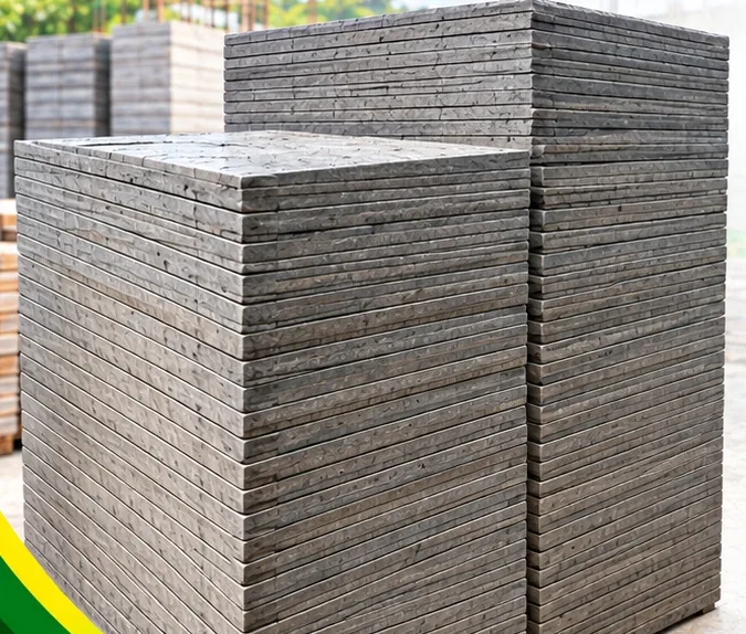 Tall stacks of recycled plastic fly ash brick pallets