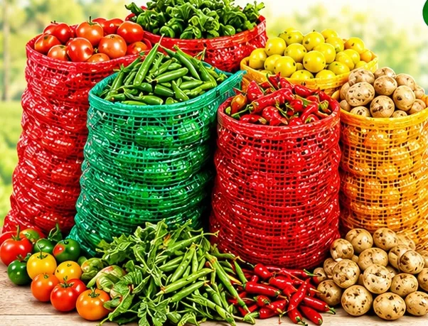 Red, green and orange leno mesh bags packed with fresh vegetables