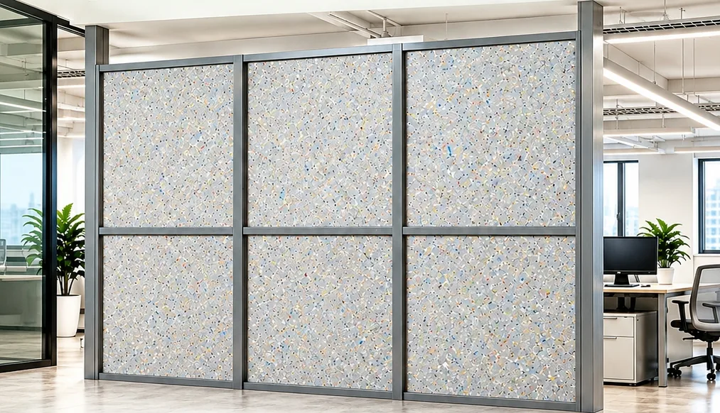 Office partition made from recycled plastic panel boards in an aluminium frame