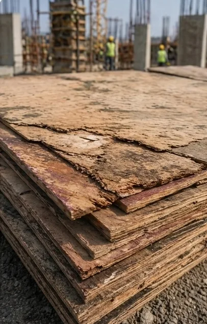 Worn and delaminated conventional plywood shuttering boards stacked on site