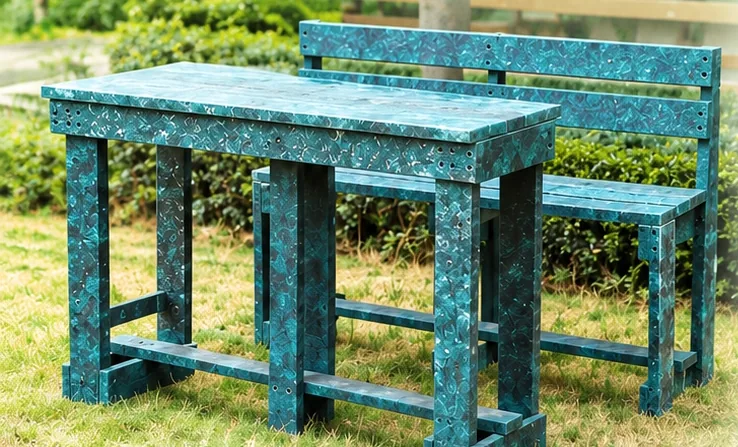 Outdoor table and bench made from recycled plastic boards in a garden