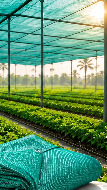 Large shade-net structure over nursery crop rows with folded green shade net in the foreground