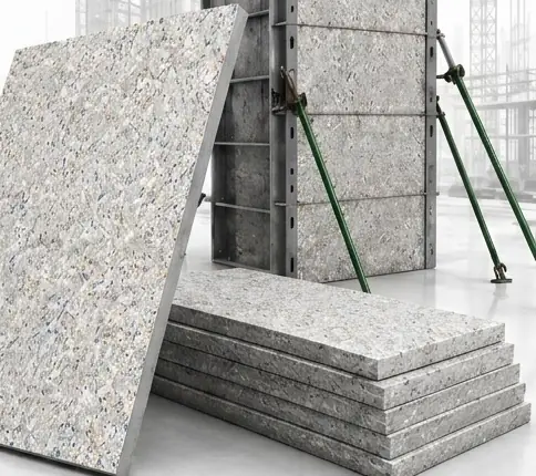 Recycled plastic shuttering panels standing upright beside a stacked set of sheets