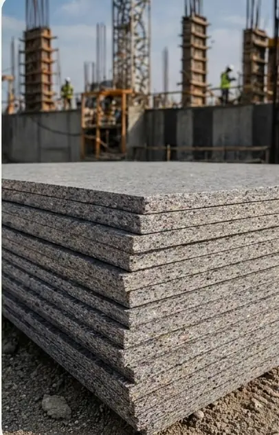 Stack of grey recycled plastic shuttering sheets on a construction site