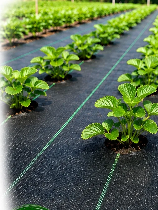 Black woven weed control mat laid between rows of young plants